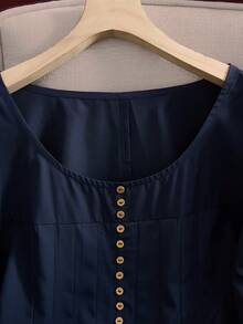 Rusticease Plus Size Women's Solid Color Round Neck Long Sleeve Button Design Pleated Casual Shirt - Navy Blue - View 4