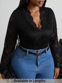 SHEIN PETITE CURVE Plus Size Contrast Lace Scallop Trim Lace Bodysuit - Black - View 8