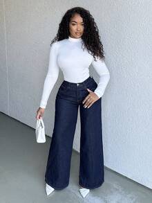 Alexandranx PETITE 女士休闲宽松阔腿蓝色牛仔裤、复古牛仔裤、海军蓝牛仔裤、秋季女士服装、冬季女士裤子、蓝色返校节牛仔裤、喇叭裤女士牛仔裤 - 深灰色 - 查看 5