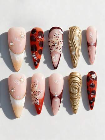 J-Fashion 10 piezas de uñas postizas talladas y pintadas a mano + 3 piezas de cinta adhesiva de doble cara, pegatinas brillantes con estampado de leopardo Y2K de alta calidad, desmontables y de forma de almendra larga, adecuadas para fiestas, bailes de graduación y uso diario.