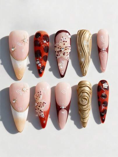 J-Fashion 10 piezas de uñas postizas talladas y pintadas a mano + 3 piezas de cinta adhesiva de doble cara, pegatinas brillantes con estampado de leopardo Y2K de alta calidad, desmontables y de forma de almendra larga, adecuadas para fiestas, bailes de graduación y uso diario.