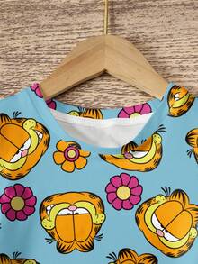 GARFIELD | SHEIN Váy ngắn cổ tròn in họa tiết mèo và hoa thường ngày cho bé gái, mùa hè - trắng - Xem 3