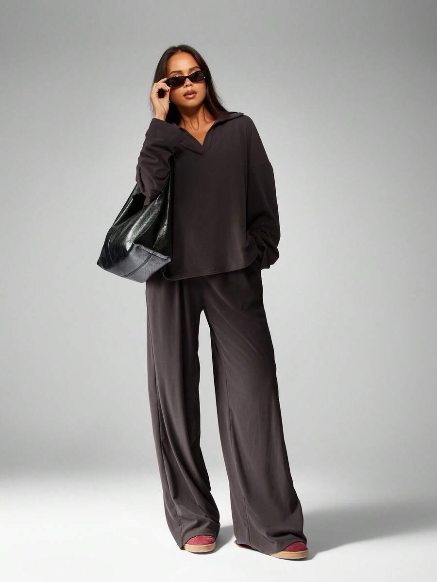 MISSGUIDED Soft Touch Co-Ord Set Matching V-Neck Top Wide Leg Pants Comfortable Loungewear - Coffee Brown - View 1