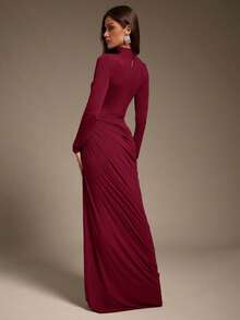 Hauture Women's Sexy Mock Neck Ruched Asymmetric Second Skin Jersey Stretchy Long Sleeve Maxi Dress - Burgundy - View 2