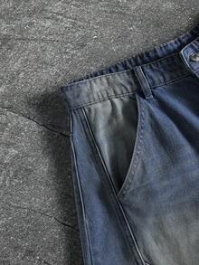 ROMWE MEN Street Life Men's Light Blue Punk Fashion Belted Loose Fit Retro Curved Casual Jeans - Dark Wash - View 5