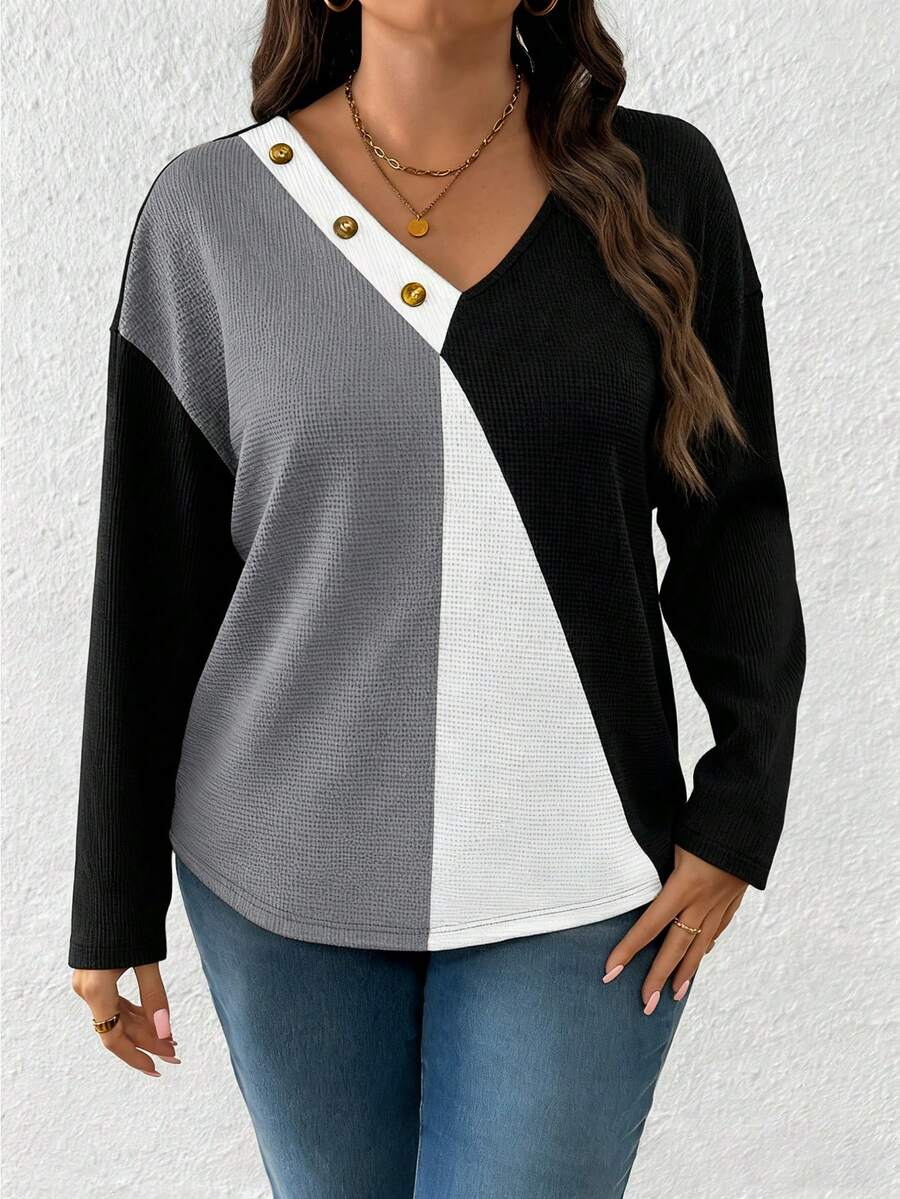 EMERY ROSE Plus Size Women V-Neck Long Sleeve T-Shirt, Patchwork Waffle Fabric With Decorative Buttons, Autumn