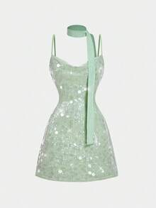 SHEIN MOD Vestido mini con escote pronunciado y lentejuelas de unicolor glamoroso para mujer - Verde - Ver 3
