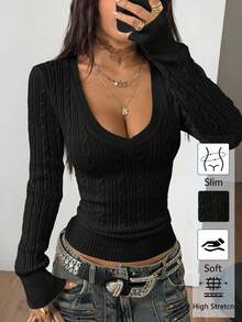 Coolane 女士冬季复古学院风 Y2K 日常穿搭外出文艺复兴集市俱乐部黑色 V 领毛衣，秋冬 - 黑色 - 查看 2