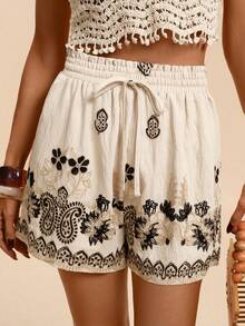 Travachic Women's White Summer Boho Beach Holiday Shorts,Casual Drawstring Waist Loose Embroidered Cashew Design,Floral Shorts For Vacation,Spring Break,Party - Khaki - View 4
