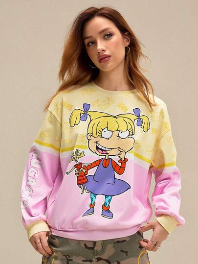 Nick 90s | SHEIN Sudadera casual de mujer con cuello redondo, hombros caídos y estampado de dibujos animados en bloques de color, para otoño