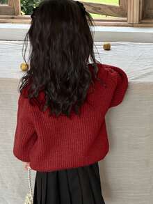 Dazy Kids 女童蝴蝶结装饰落肩长袖休闲宽松针织衫，秋冬款 - 粉色 - 查看 4