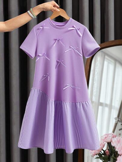 Tween Girls' Summer Casual Cute Minimalist Bow Decor Striped Ruffle Hem Loose Dress