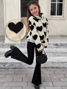 SHEIN 秋冬款女童宽松毛绒心形拉链夹克和喇叭裤套装 - 彩色 - 查看 1