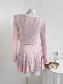 Elamini 2pcs/Set Women Ribbed Knit Cardigan & Ruched Waist A-Line Mini Dress Outfit, Pink, Spring/Autumn - Pink - View 2