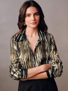 Anewsta Asymmetric Zebra Striped Metallic Chiffon Water Print Collared Long Sleeve Blouse - Multicolor - View 2