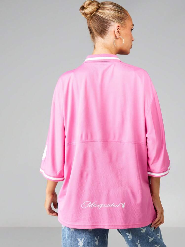 Missguided x Playboy Camiseta gráfica de jersey con cuello grande con estampado de número grande y diseño de logotipo de conejo para uso casual de primavera y verano
