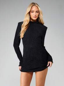 MISSGUIDED Fuzzy Teddy Mini Dress Long Sleeve High Neck Bodycon Winter Cozy Party Dress - Black - View 6