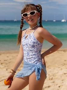 SHEIN 女童花卉/印花 1-2 件套泳衣 - 藍色 - 查看 6