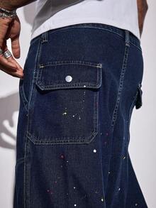 Men's Pocket Flared Casual Personalized Washed Distressed Jeans - Dark Wash - View 2