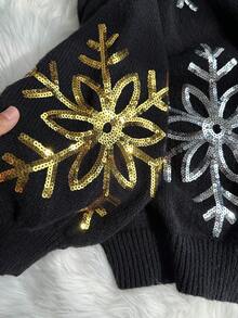 SHEIN EZwear Christmas Plus Size V-Neck Drop Shoulder Long Sleeve Front Button Snowflake Pattern Sequin Embellished Knit Cardigan/Winter - Black - View 6