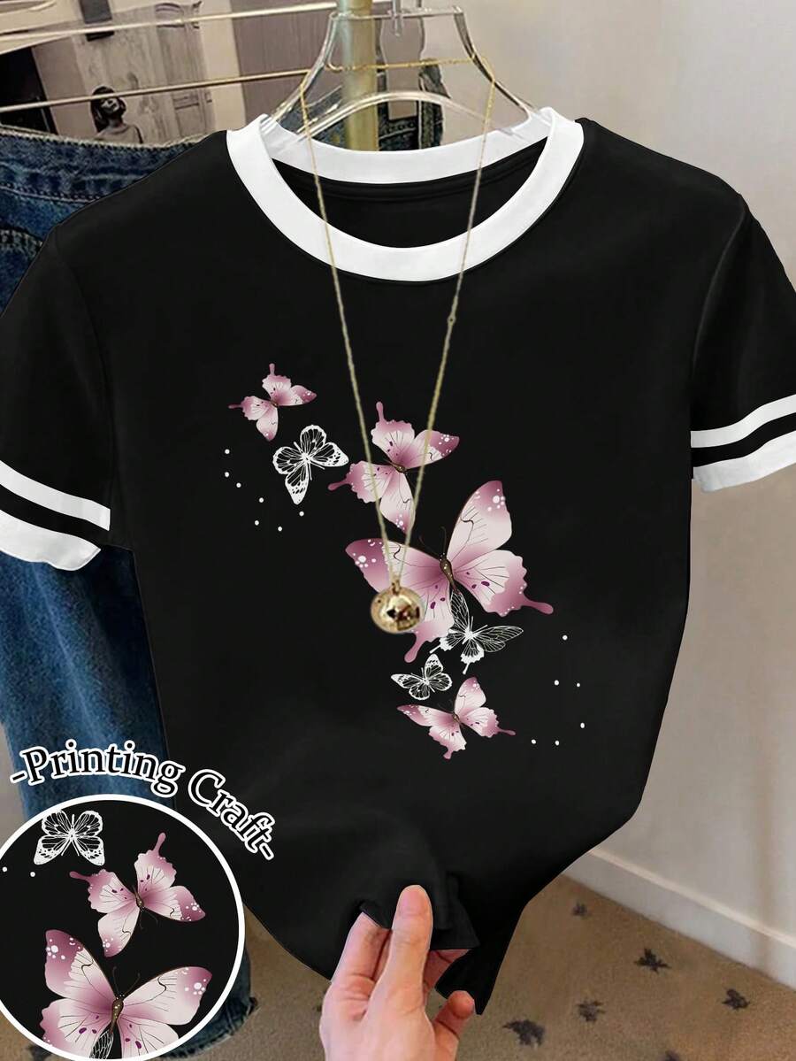 Resyla 女士蝴蝶印花宽松休闲撞色条纹圆领T恤 - 彩色 - 查看 1