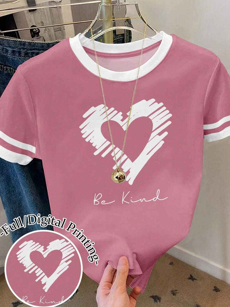 SHEIN 女士粉色爱心图案“Be Kind”印花宽松休闲撞色条纹圆领T恤上衣,情人节礼物 - 彩色 - 查看 1