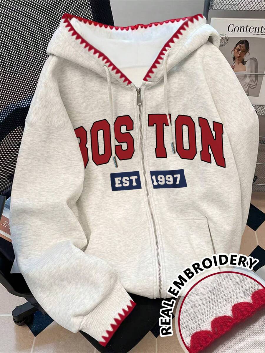 SHEIN 女式字母印花长袖拉链抽绳连帽休闲运动衫，秋冬 - 淺灰色 - 查看 1