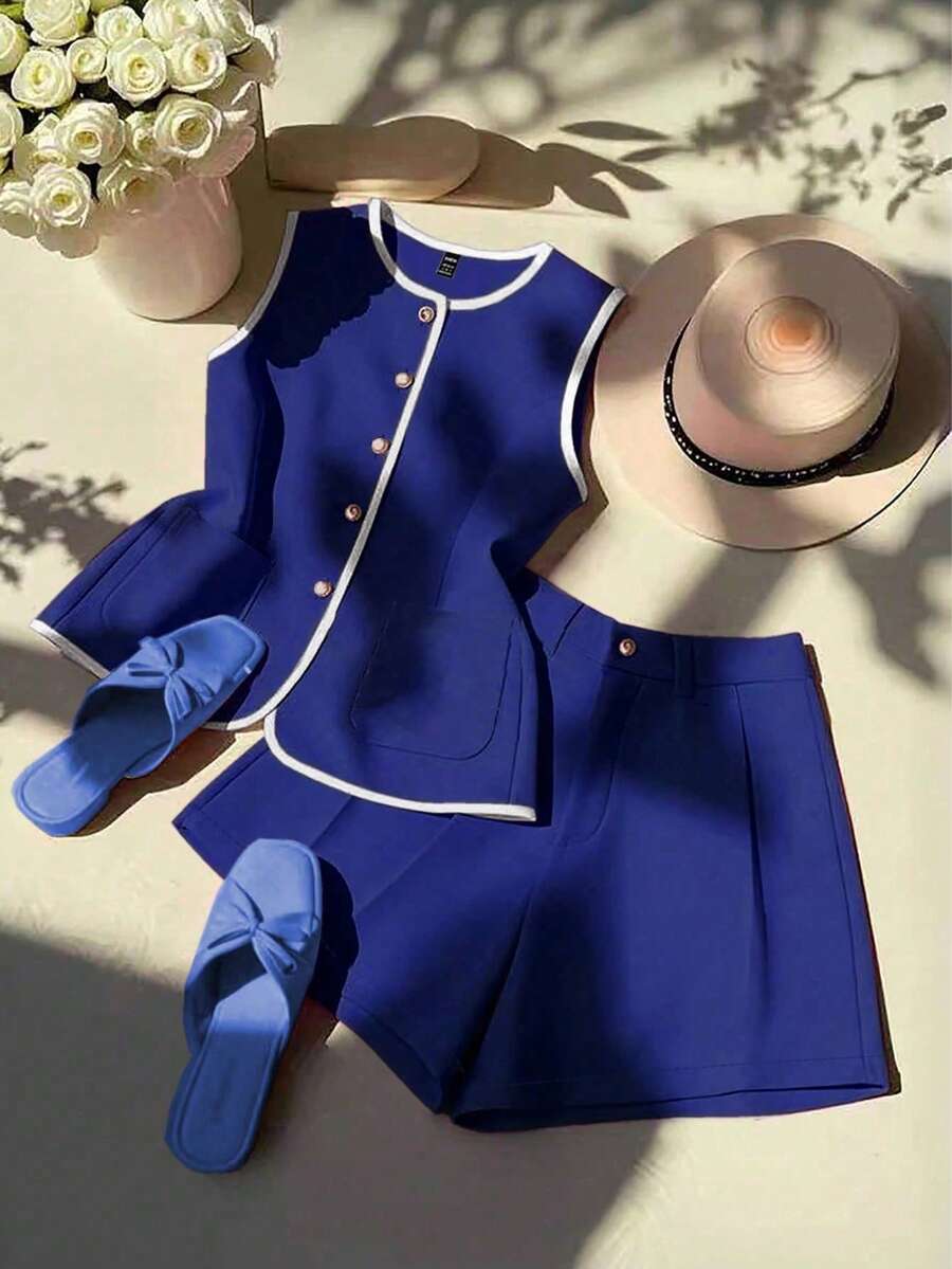 SHEIN Clasi 女士优雅两件套，撞色饰边，玫瑰红色，夏季' - 藏蓝色 - 查看 1