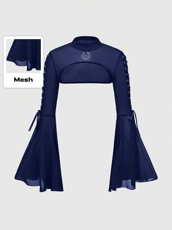 Goth Blusa de mujer con mangas acampanadas, cordones y encaje de ojal de malla