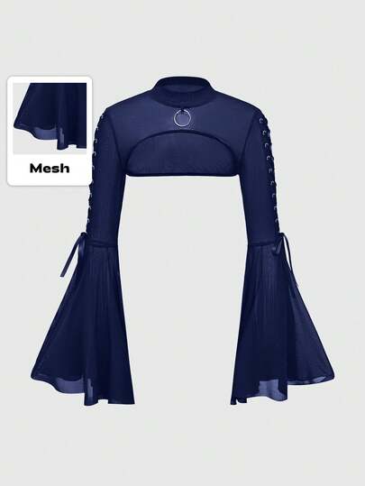 Goth Blusa de mujer con mangas acampanadas, cordones y encaje de ojal de malla