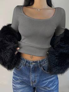 SHEIN BASICS قميص تي شيرت نسائي كاجوال بأكمام طويلة وياقة مستديرة، من قماش محبوك ذو لون أحادي، مصنوع من قماش حراري مُحسن دون ثقل، بتصميم ضيق مرن مناسب للخريف والشتاء