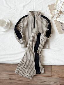 2pcs/Set Baby Girls Casual Apricot & Black Color Block Half Zip Sweatshirt Top Paired With Elastic Waist Pants Set, Comfortable Soft Fabric, Suitable For Infant/Baby GirlEveryday Wear Or Outdoor Activities, Autumn/Winter - Khaki - View 3