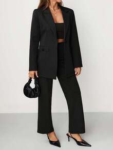 EURMUSE Women's Purple Button Front Pocket Detailed Elegant Blazer Jacket - Black - View 4