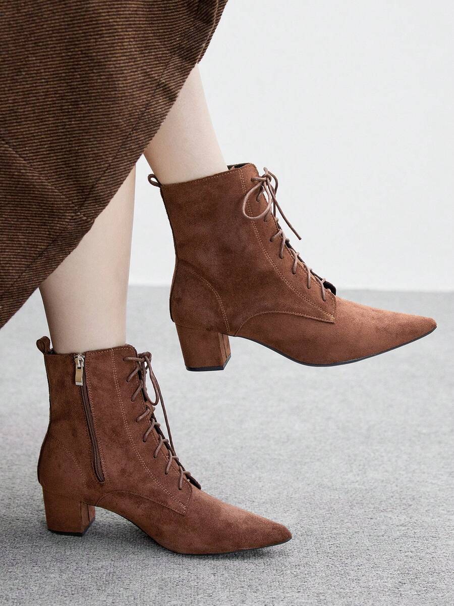 Daringsoles Fashionable Versatile Lace-Up Chunky Heel Ankle Boots Valentine's Day - Brown - View 1