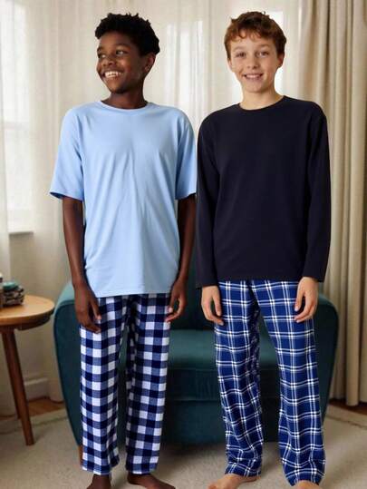 SHEIN Teen Boy Casual Plaid Long Sleeve T-Shirt And Pants Set, Solid Color Basic Outfits Suitable For Commuting, School, Daily Casual, Vacation, Outdoor Party, Sports, Autumn/Winter Pajama Set