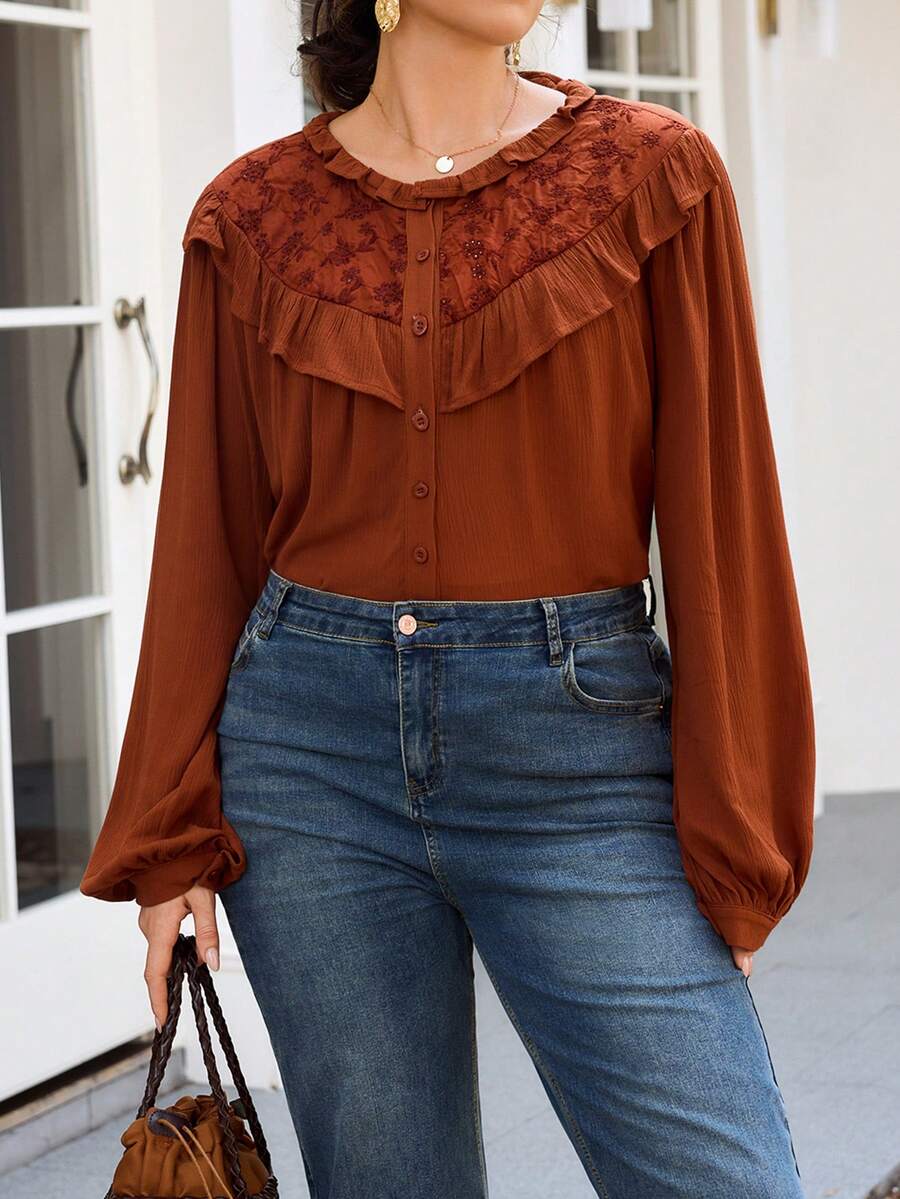 SHEIN Frenchy Plus Size Women Ruffle Hem Blouse, Casual Commuter Shirt Thanksgiving - Rust Brown - View 1