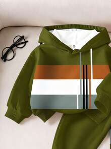 2 Stücke/Set Baby Jungen/Unisex Kleinkind 0-3J Lässig, modischer Farbblock gestreifter Sport Muster Kapuzenpullover, geeignet für Herbst/Winter Alltag, Outdoor, Alles-passend Outfit, Sportbekleidung