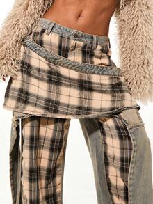 SUMWON WOMEN 复古格纹牛仔宽松牛仔裤，袖口系带设计，高腰阔腿拼接格纹图案 - 彩色 - 查看 4