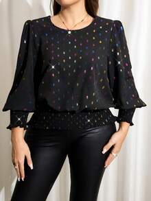 SHEIN LUNE Top con scollo rotondo e paillettes di taglia grande con maniche a lanterna metallizzate, top scintillante con paillettes, collezione di moda, top elegante, abbigliamento da donna per Capodanno e Natale, abbigliamento invernale da donna, abbigliamento formale da donna per San Valentino, top elegante da ufficio, top a pois. Adatto per uso quotidiano, adatto per pendolarismo, evento di festa elegante quotidiano, blusa casual con maniche a sbuffo di taglia grande Nuovo Anno Vacanze estive per donna San Valentino, Vacanze donna, blusa casual per donna, blusa elegante da donna, top da festa per donna Capodanno Capodanno Top da festa elegante per donna Abito elegante da donna Bluse eleganti da donna Blusa casual da donna estiva Vacanze Top a pois ID AI-Adha Top nero con paillettes Top nero da festa Top nero da donna Bluse Blusa con maniche a lanterna Top nero con strass