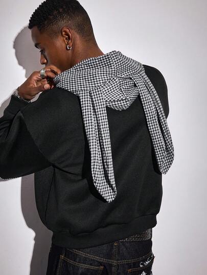 Street Life Men's Houndstooth Patchwork 3D Ear Design Zipper Front Casual Hoodie