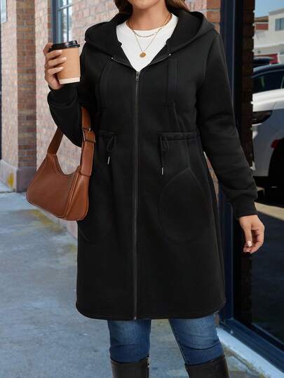 SHEIN PETITE CURVE Chaqueta casual con capucha, manga larga y cordón en la cintura, unicolor, talla grande para mujer