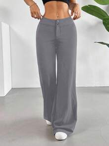 SHEIN EZwear Solid High Rise Flared Straight Leg Pants - Grey - View 5