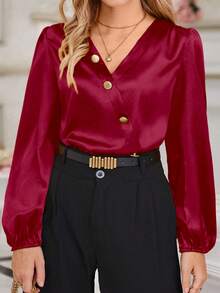 EMERY ROSE Plus Size Women's Solid Color Long Sleeve Single-Breasted Casual Shirt - Burgundy - View 5