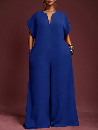 Veslaya 2025 New Vintage V-Neck Chocolate Color Short Sleeve Jumpsuit For Plus Size Women, Summer