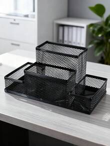 1 Packs Desk Organizer Desktop Mesh Pen Pencil Holder Caddy With 4 Compartments, Office Home School Classroom Accessories Cool Supplies Black - 1 Four-compartment Pen Holder Black - View 8