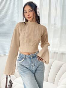 SHEIN EZwear 黑色高领喇叭袖短款毛衣，秋冬季长袖上衣 - 卡其色 - 查看 4