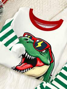 SHEIN Happikins Snug Fit Cartoon Dinosaur,Stripe Christmas Pattern Pajama Set,White Autumn Family Matching Casual Comfortable Top And Pants,All Seasons - Multicolor - View 4
