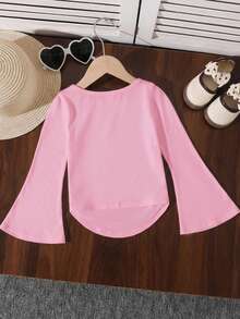 SHEIN 年轻女孩时尚修身休闲圆领荷叶边喇叭袖长袖T恤，适合秋冬季日常穿着、居家、聚会，也可与姐妹装搭配。 - 淺粉色 - 查看 8