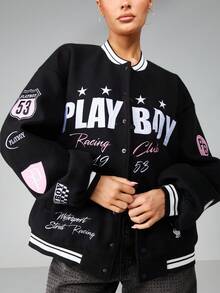 Missguided x Playboy Oversized Graphic Varsity Bomber Jacket With Patches And Ribbed Trim For Winter - Black - View 4