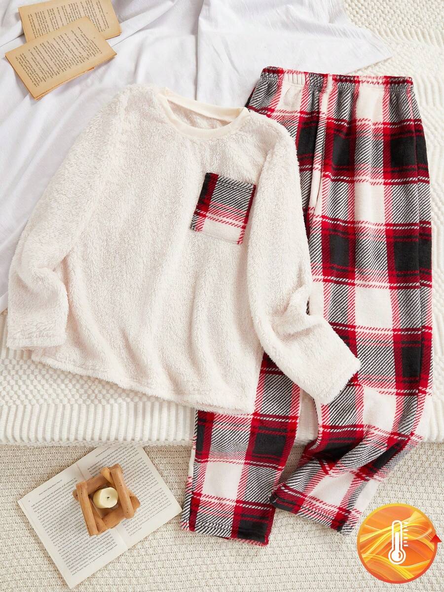 少女格子口袋毛绒上衣和裤子家居服套装 - 彩色 - 查看 1